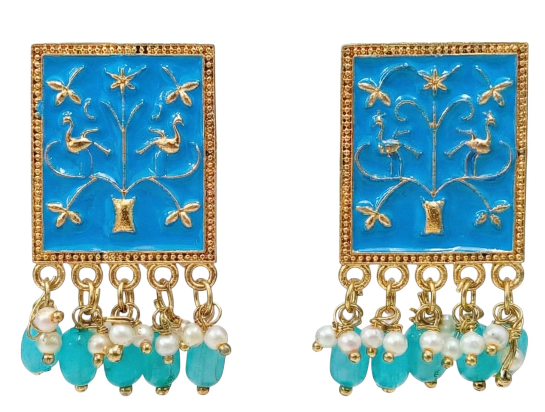 Close-up view of premium artificial Firozi Meenakari Gold Plated Pearl Drop Earrings for Women | Traditional Ethnic Dangle Earrings by Innovate Art Impex.