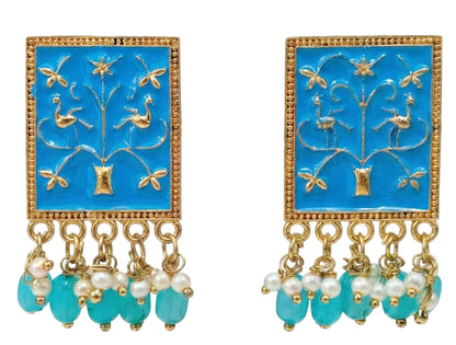 Close-up view of premium artificial Firozi Meenakari Gold Plated Pearl Drop Earrings for Women | Traditional Ethnic Dangle Earrings by Innovate Art Impex.