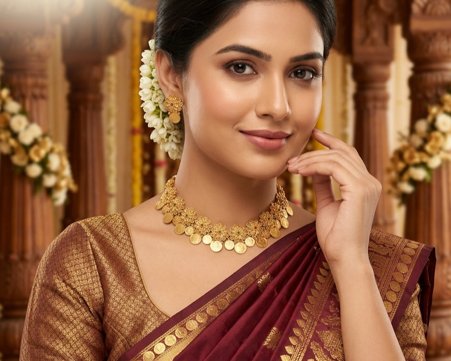 Technical design specifications of the Kasu choker and earring set, highlighting dimensions and the Lakshmi-Ganesha coin motifs.
