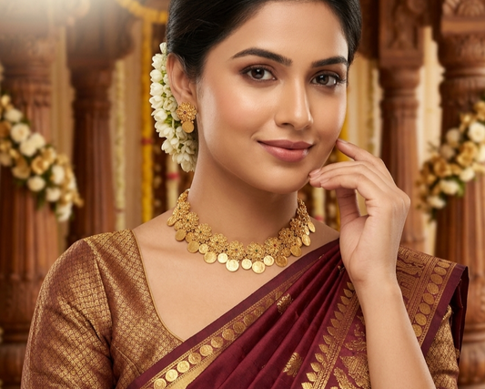 Technical design specifications of the Kasu choker and earring set, highlighting dimensions and the Lakshmi-Ganesha coin motifs.
