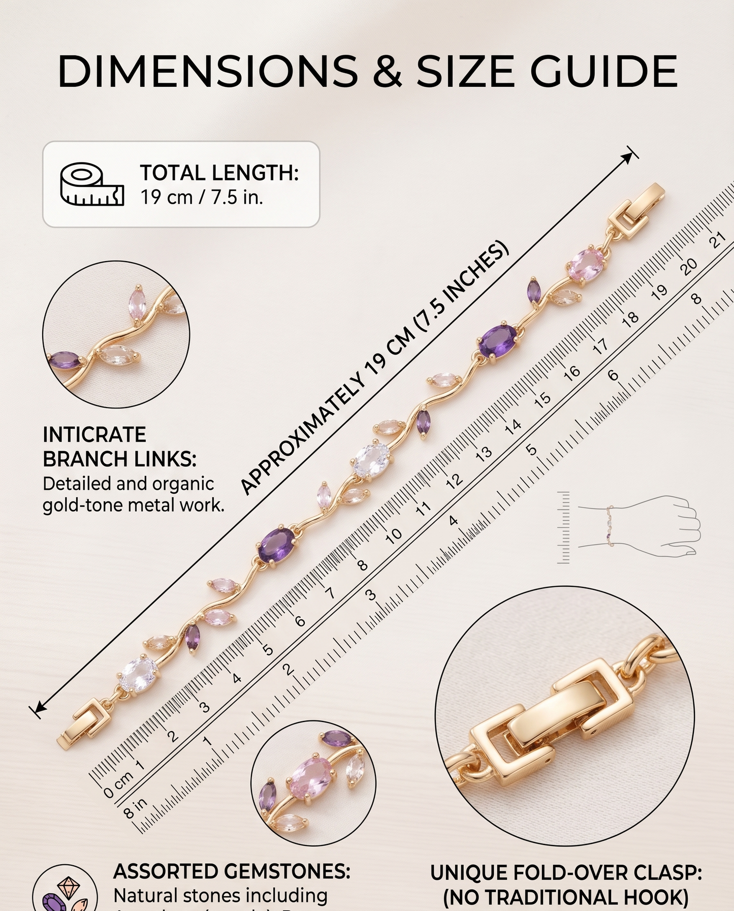 Gold-Toned Botanical Vine Link Bracelet with Amethyst-Purple & Pink American Diamonds