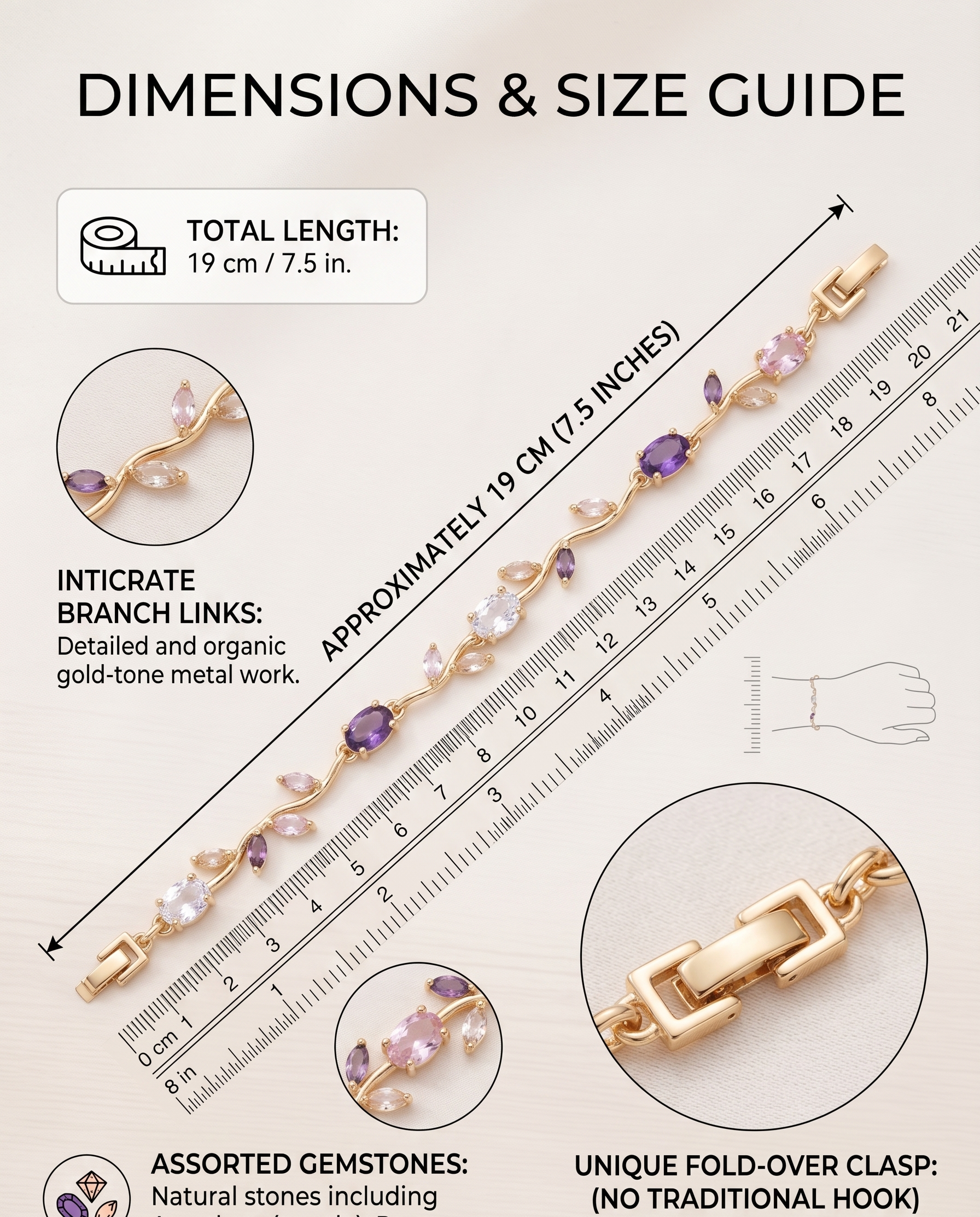 Gold-Toned Botanical Vine Link Bracelet with Amethyst-Purple & Pink American Diamonds