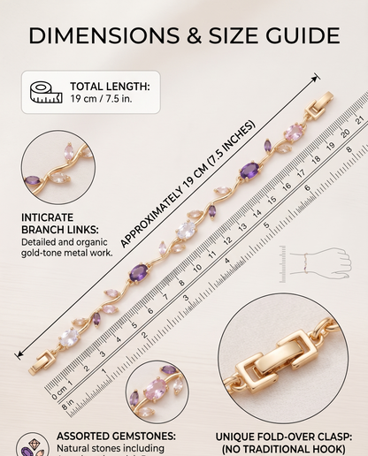 Gold-Toned Botanical Vine Link Bracelet with Amethyst-Purple & Pink American Diamonds