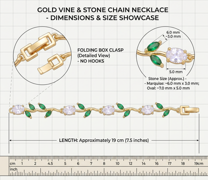 Gold-Toned Botanical Vine Link Bracelet with Clear Oval & Green Marquise American Diamonds