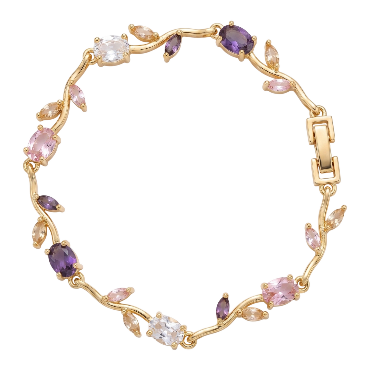 Gold-Toned Botanical Vine Link Bracelet with Amethyst-Purple & Pink American Diamonds