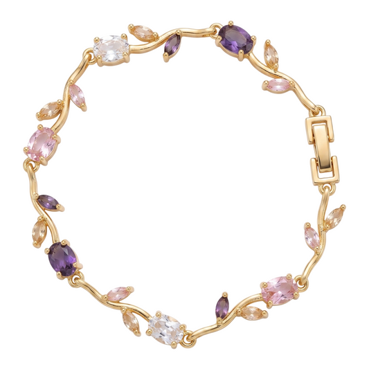 Gold-Toned Botanical Vine Link Bracelet with Amethyst-Purple & Pink American Diamonds