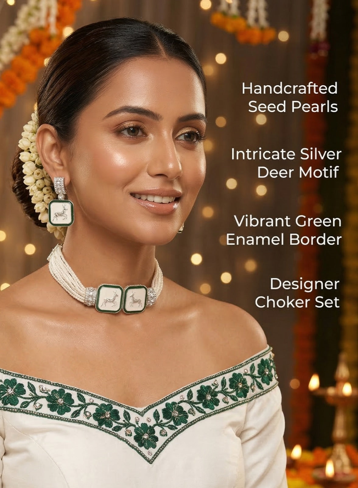 Close-up view of premium artificial Multi-Strand Faux Pearl Choker Set with Enamel Deer Motif by Innovate Art Impex.