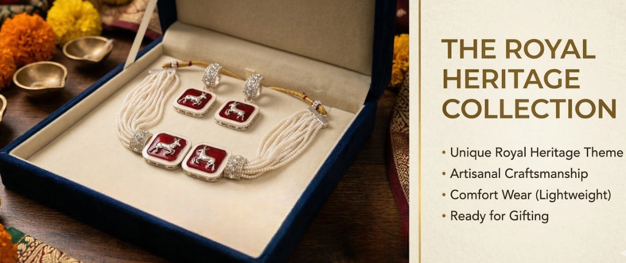 Close-up view of premium artificial Multi-Strand Faux Pearl Choker Set with Enamel Deer Motif by Innovate Art Impex.