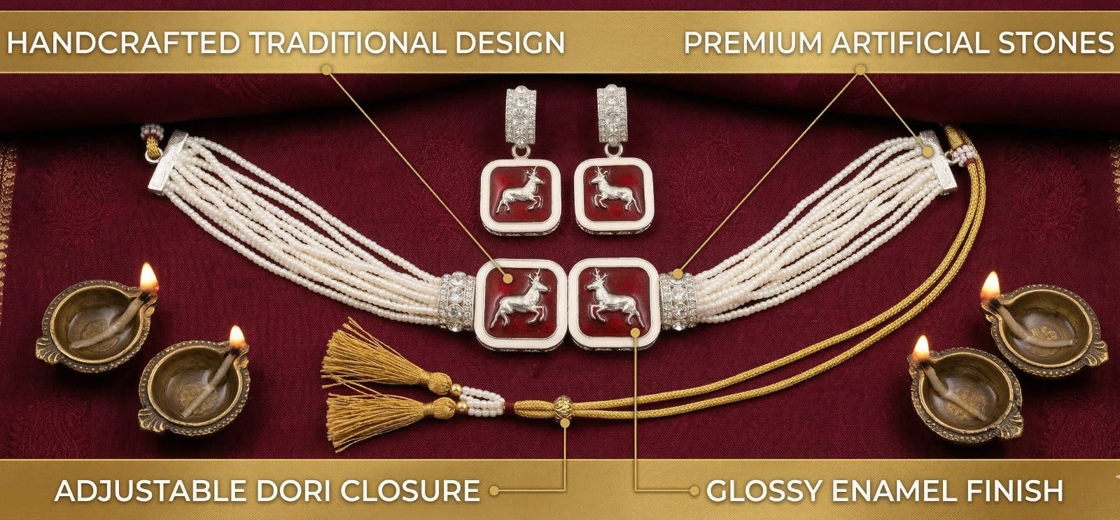 Close-up view of premium artificial Multi-Strand Faux Pearl Choker Set with Enamel Deer Motif by Innovate Art Impex.