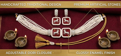 Close-up view of premium artificial Multi-Strand Faux Pearl Choker Set with Enamel Deer Motif by Innovate Art Impex.