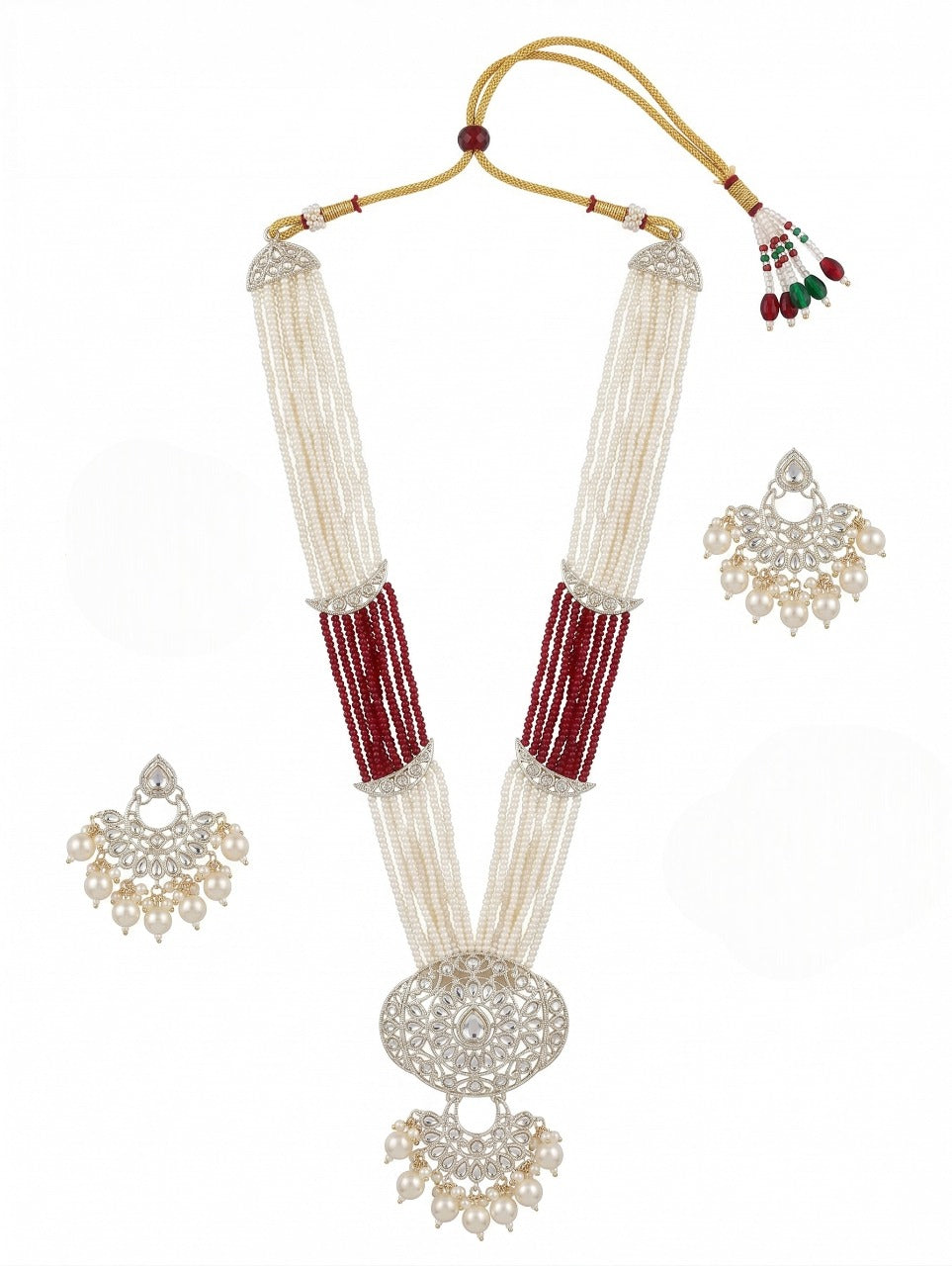 Close-up view of premium artificial Luxury Multi-Layered Pearl Rani Haar with Chandbali Pendant – Available in Maroon by Innovate Art Impex.