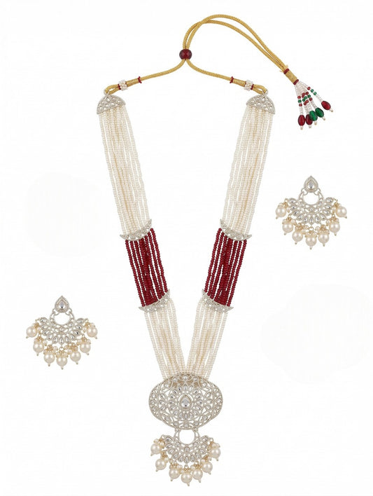 Close-up view of premium artificial Luxury Multi-Layered Pearl Rani Haar with Chandbali Pendant – Available in Maroon by Innovate Art Impex.