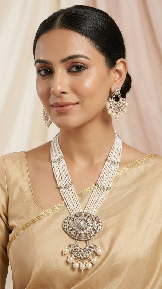Close-up view of premium artificial Royal Kundan Rani Haar Long Necklace Set with Multi-Strand Pearls & Earrings by Innovate Art Impex.