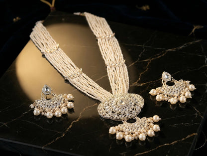 Close-up view of premium artificial Royal Kundan Rani Haar Long Necklace Set with Multi-Strand Pearls & Earrings by Innovate Art Impex.