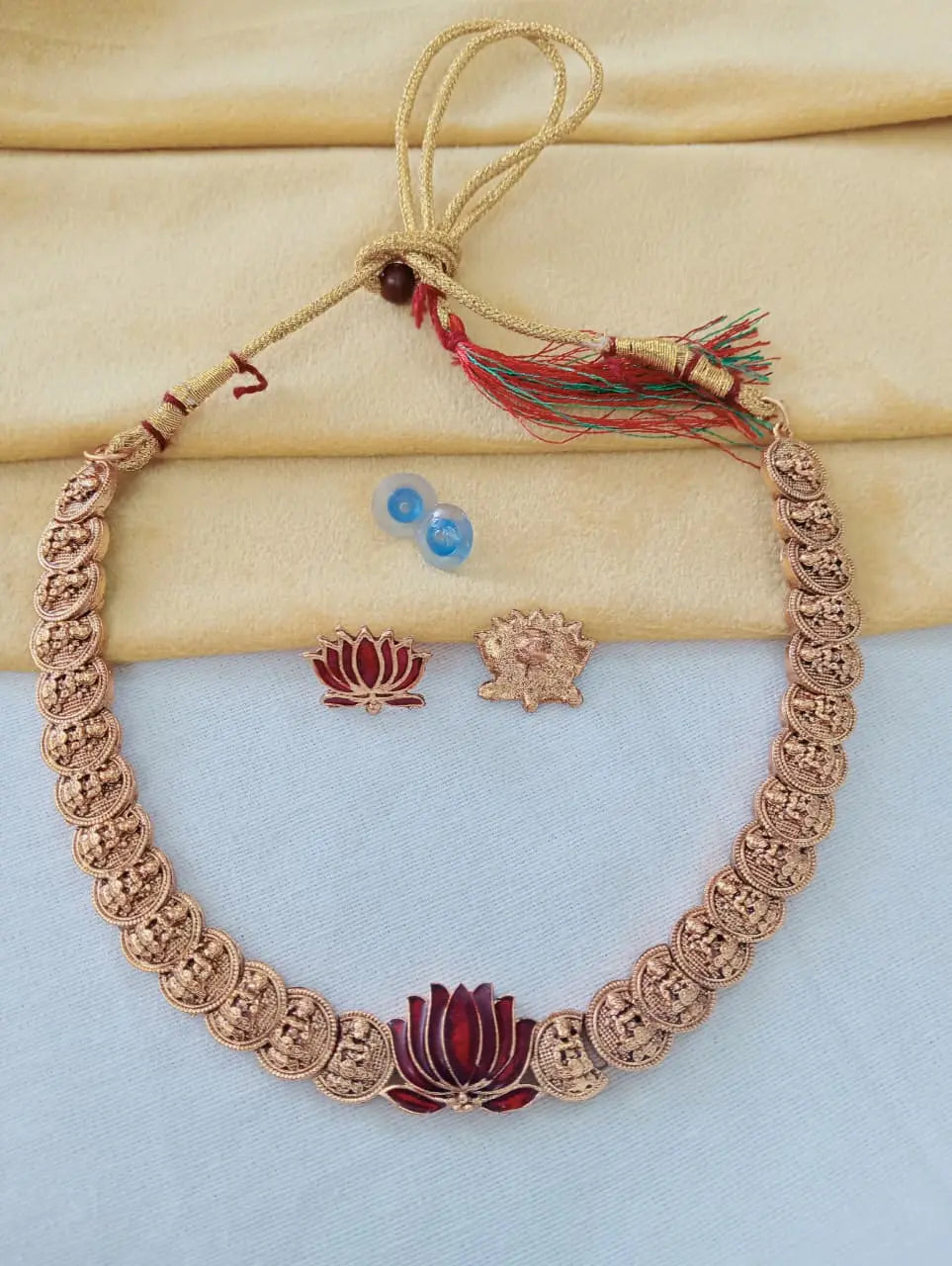 Traditional Matte Gold Plated Temple Jewellery Set for Women | Red Enamel Lotus Motif Laxmi Kasu Mala Coin Necklace with Matching Stud Earrings Innovate Art Impex
