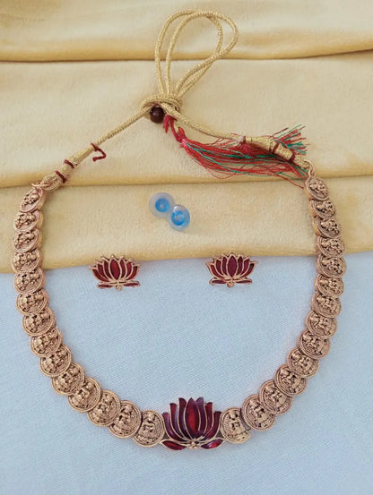 Traditional Matte Gold Plated Temple Jewellery Set for Women | Red Enamel Lotus Motif Laxmi Kasu Mala Coin Necklace with Matching Stud Earrings Innovate Art Impex