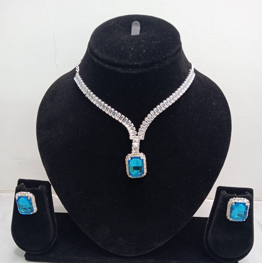 Close-up view of premium artificial Sky Blue Stone Diamond Style Necklace Set with Matching Earrings by Innovate Art Impex.