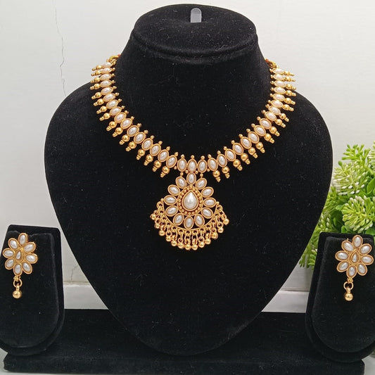 Close-up view of premium artificial Gold Plated White Stone Traditional Necklace Set with Matching Earrings for Women by Innovate Art Impex.