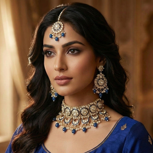 Close-up view of premium artificial Gold Plated Kundan Choker Necklace Set with Blue Beads Traditional Bridal Jewellery Set by Innovate Art Impex.