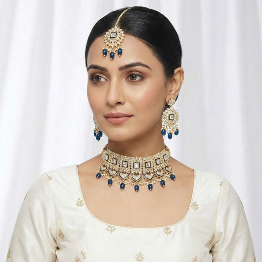 Close-up view of premium artificial Gold Plated Kundan Choker Necklace Set with Blue Beads by Innovate Art Impex.