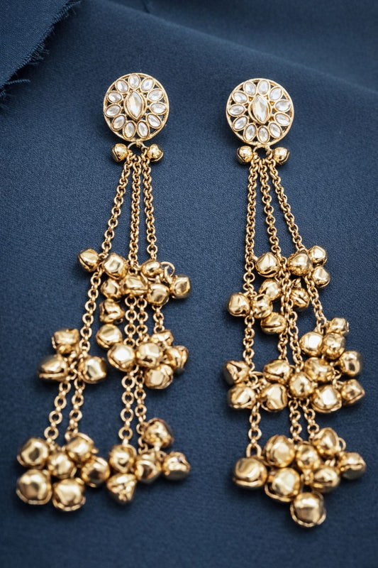 Close-up view of premium artificial Traditional Gold Plated Kundan Floral Stud & Ghungroo Dangle Earrings by Innovate Art Impex.