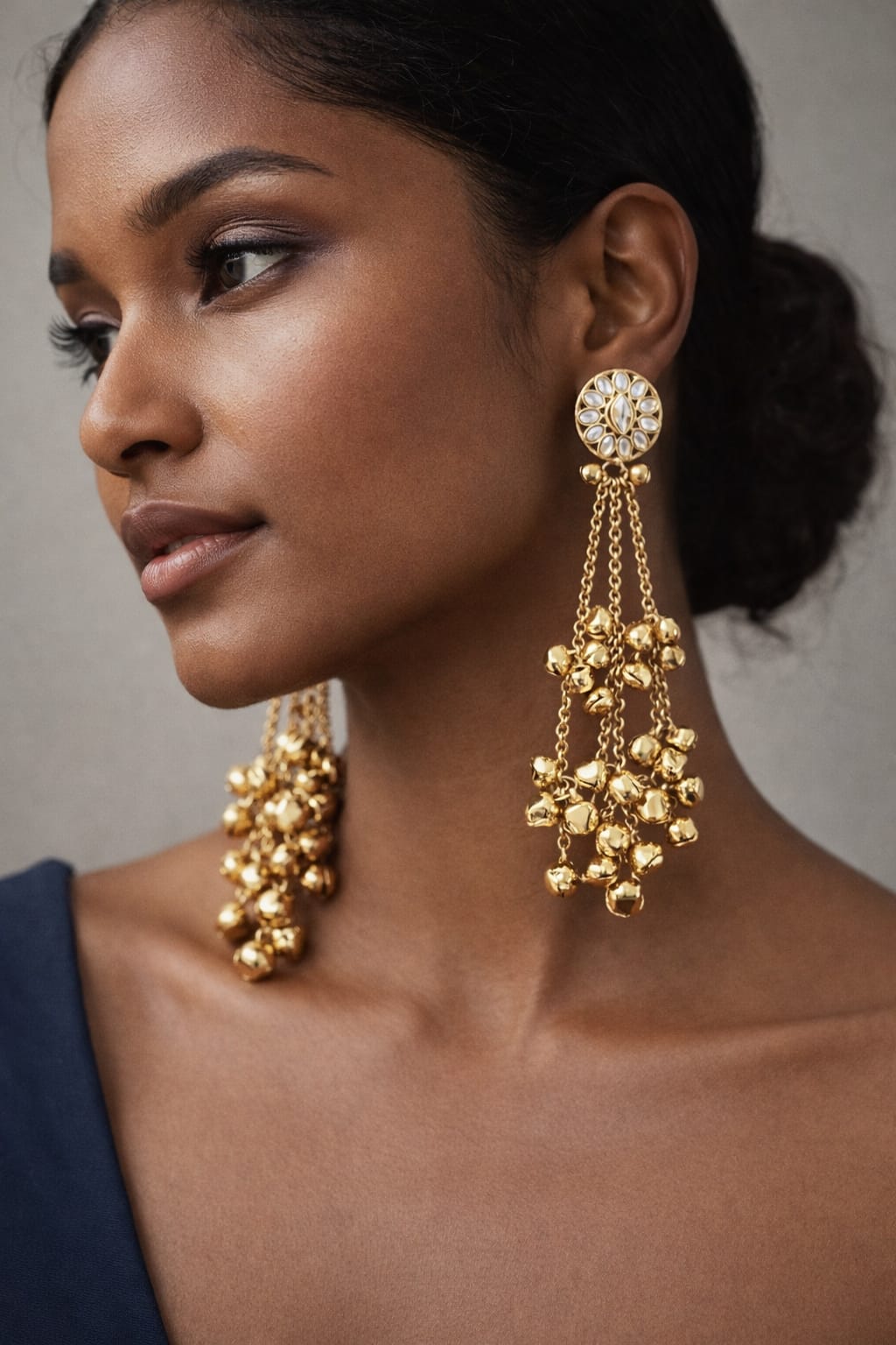 Close-up view of premium artificial Traditional Gold Plated Kundan Floral Stud & Ghungroo Dangle Earrings by Innovate Art Impex.