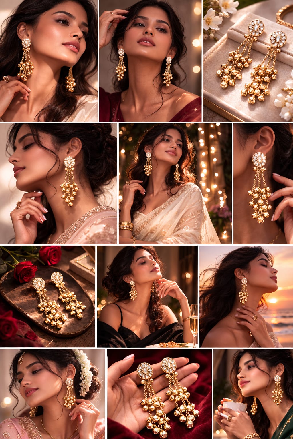 Close-up view of premium artificial Traditional Gold Plated Kundan Floral Stud & Ghungroo Dangle Earrings by Innovate Art Impex.