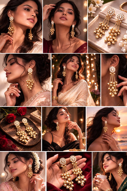 Close-up view of premium artificial Traditional Gold Plated Kundan Floral Stud & Ghungroo Dangle Earrings by Innovate Art Impex.
