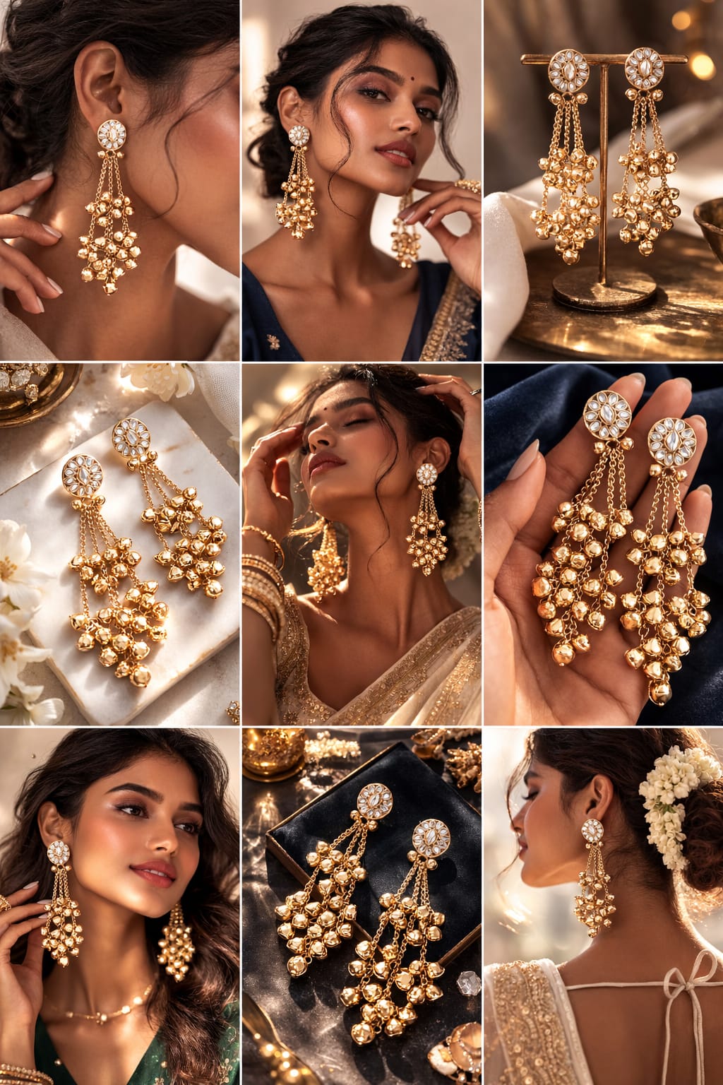 Close-up view of premium artificial Traditional Gold Plated Kundan Floral Stud & Ghungroo Dangle Earrings by Innovate Art Impex.