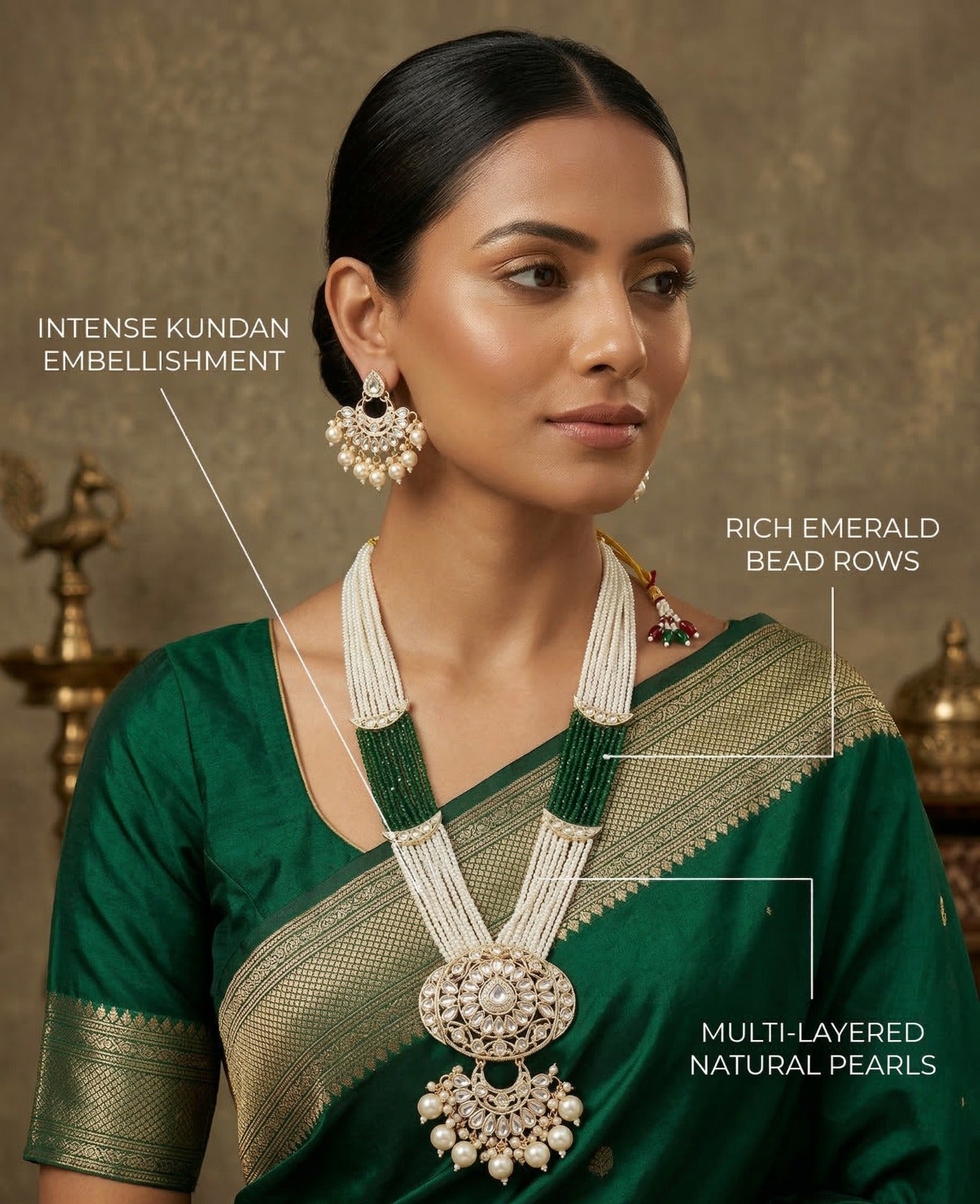 Close-up view of premium artificial Traditional Bridal Long Haram Set with Intricate Kundan Pendant and Seed Beads by Innovate Art Impex.