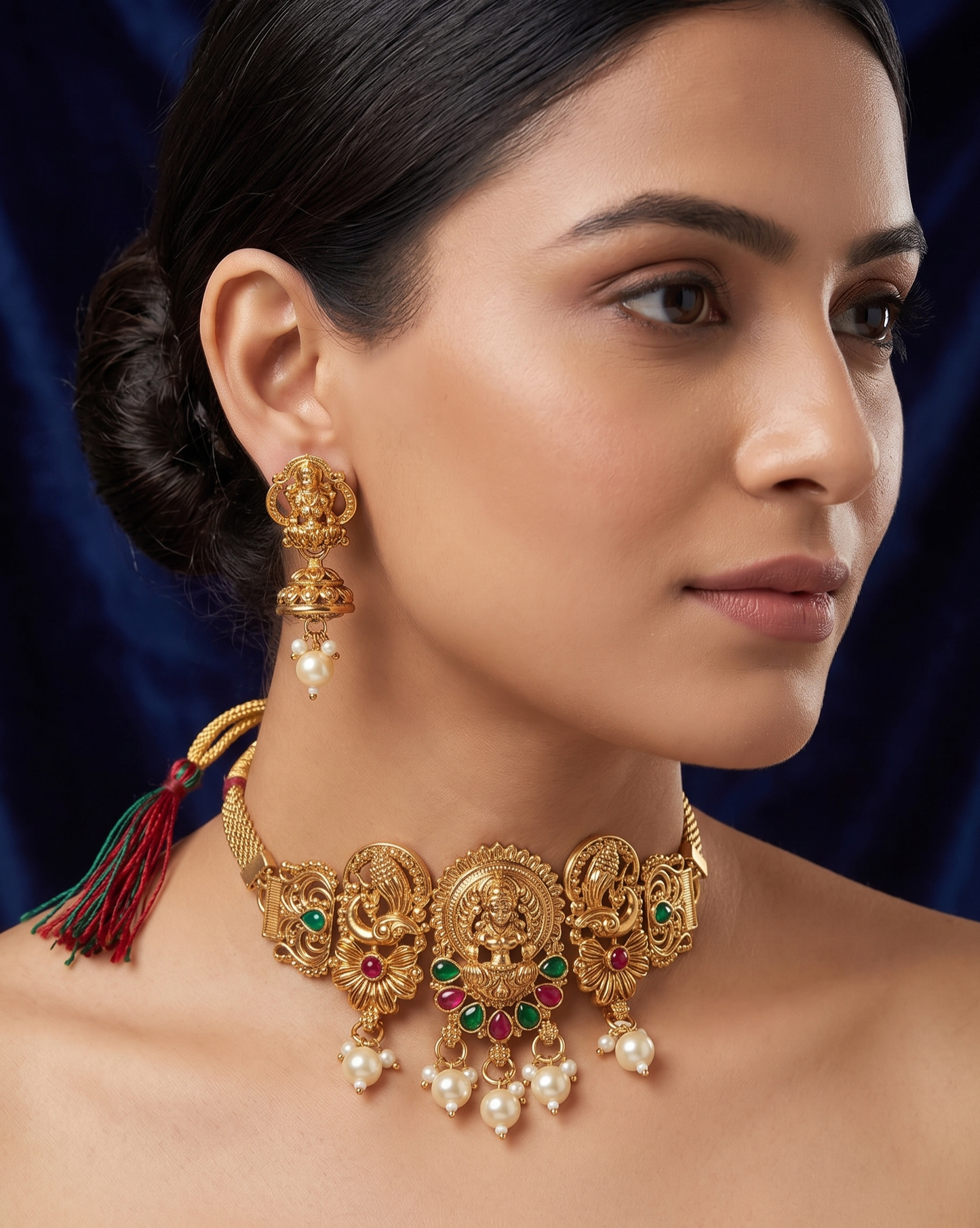 Woman wearing a gold necklace and earrings with a dark blue background
