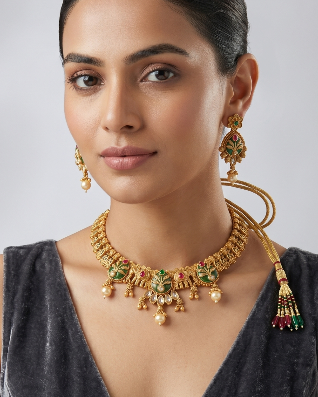 Woman wearing a gold necklace and earrings with green and red stones on a gray background