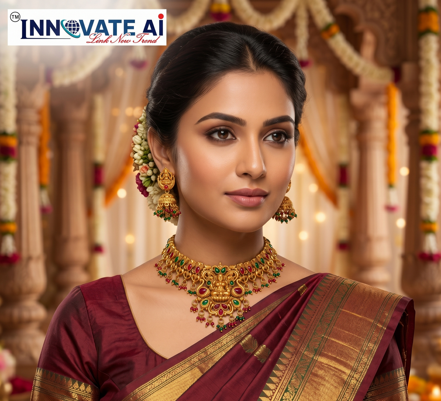Handcrafted Antique Gold Temple Jewelry Set: Goddess Lakshmi Choker & Matching Jhumkas
