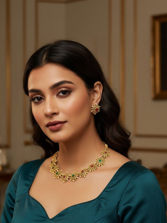 Close-up view of premium artificial Traditional Gold Plated Floral Choker Necklace Set with Ruby & Emerald Stones by Innovate Art Impex.