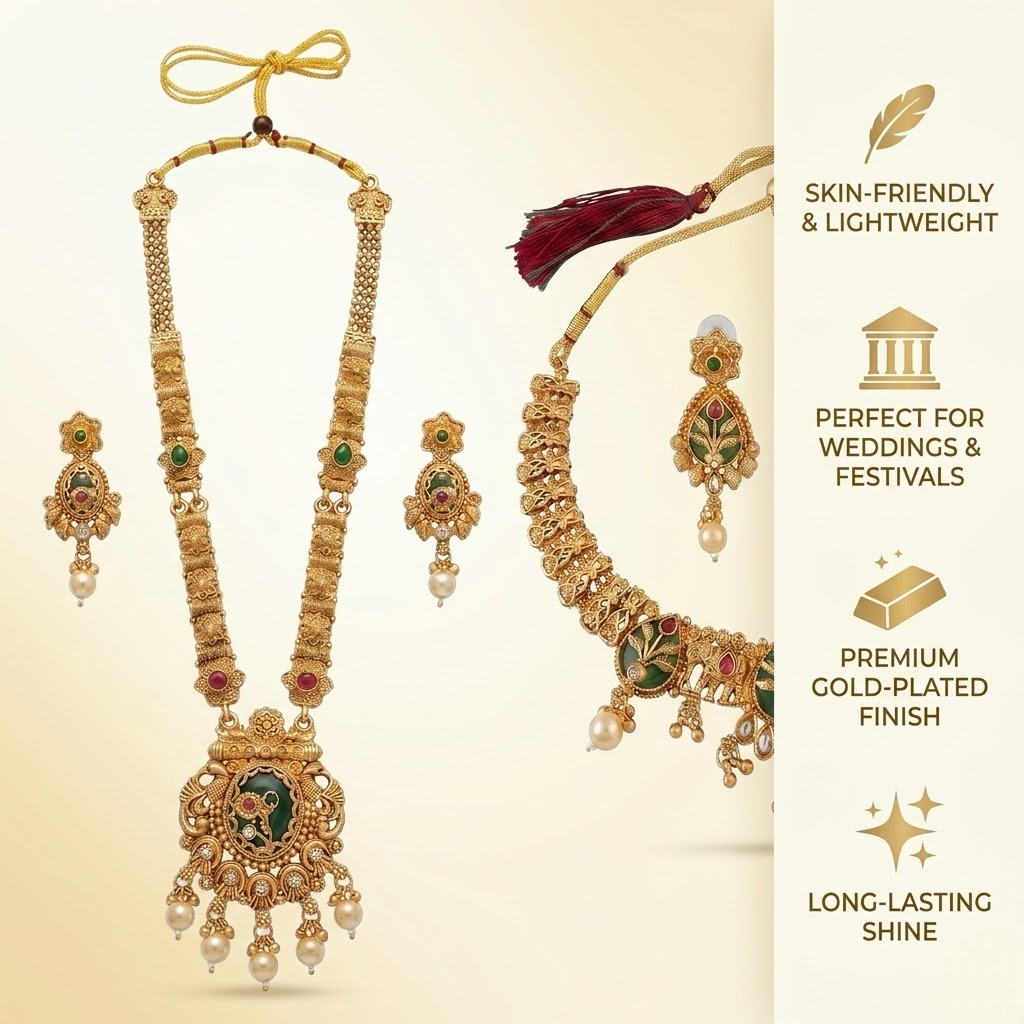 Product showcase of INNOVATE ART IMPEX traditional gold-plated combo set highlighting benefits like skin-friendly material, premium gold-plated finish, and long-lasting shine next to the layered necklace design.