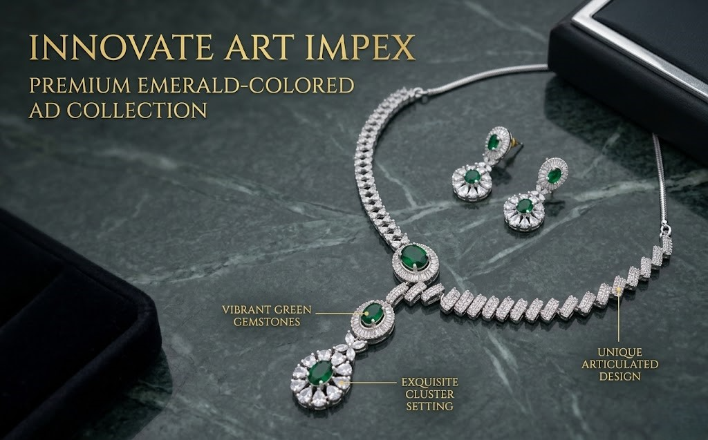 Jewelry set with emerald-colored gemstones on a dark surface, featuring 'Innovate Art Impex' branding.