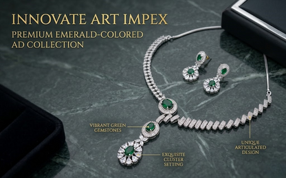 Jewelry set with emerald-colored gemstones on a dark surface, featuring 'Innovate Art Impex' branding.