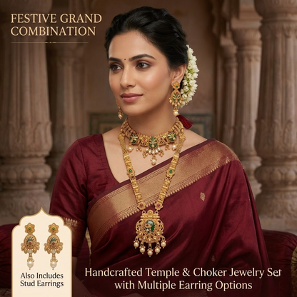 Beautiful Indian woman wearing an INNOVATE ART IMPEX layered bridal jewelry set featuring a gold Rajwadi choker, long temple haar, and matching earrings paired with a maroon silk saree.