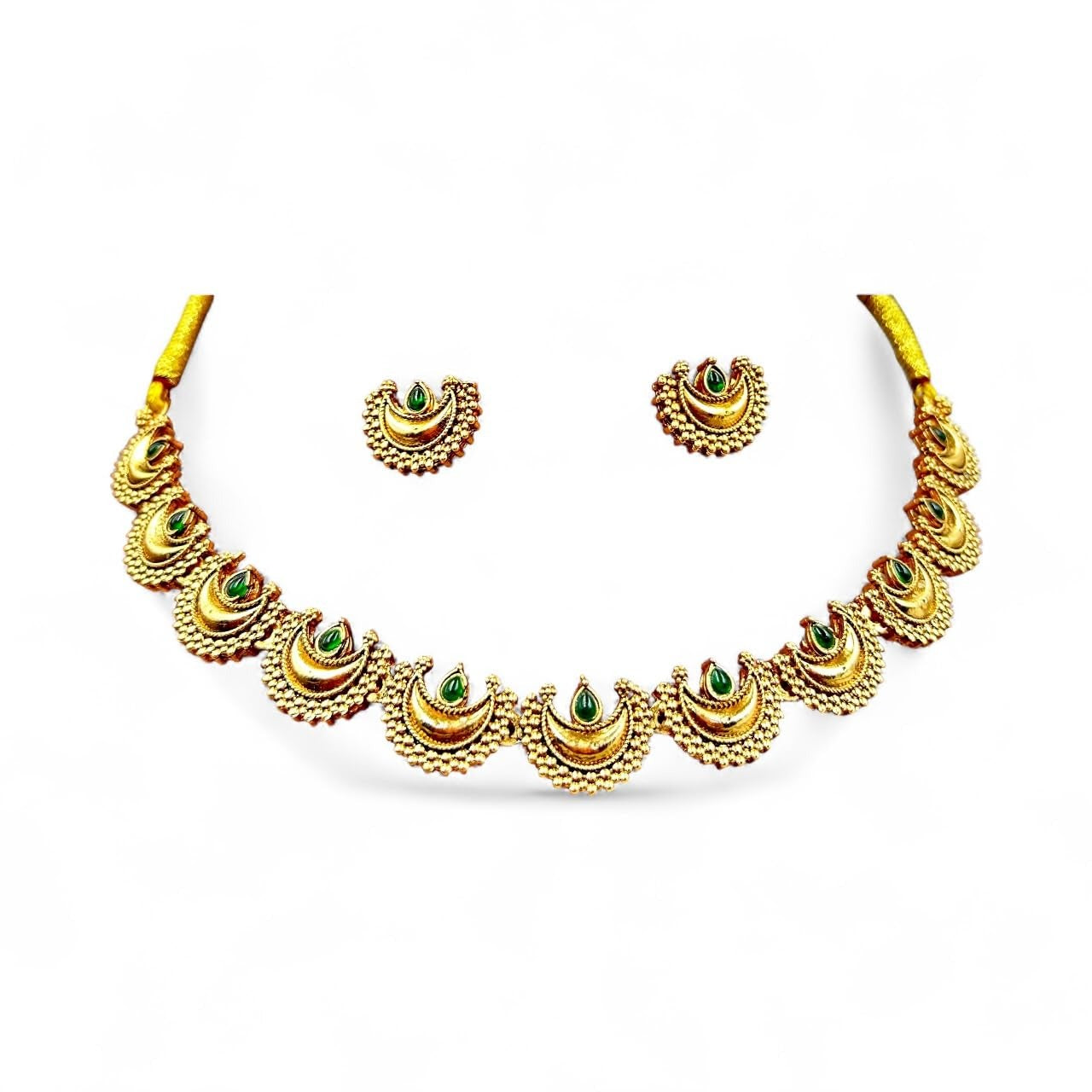 Close-up view of premium artificial Traditional Maharashtrian Chandrakor Green Stone Necklace Set   Gold Plated by Innovate Art Impex.