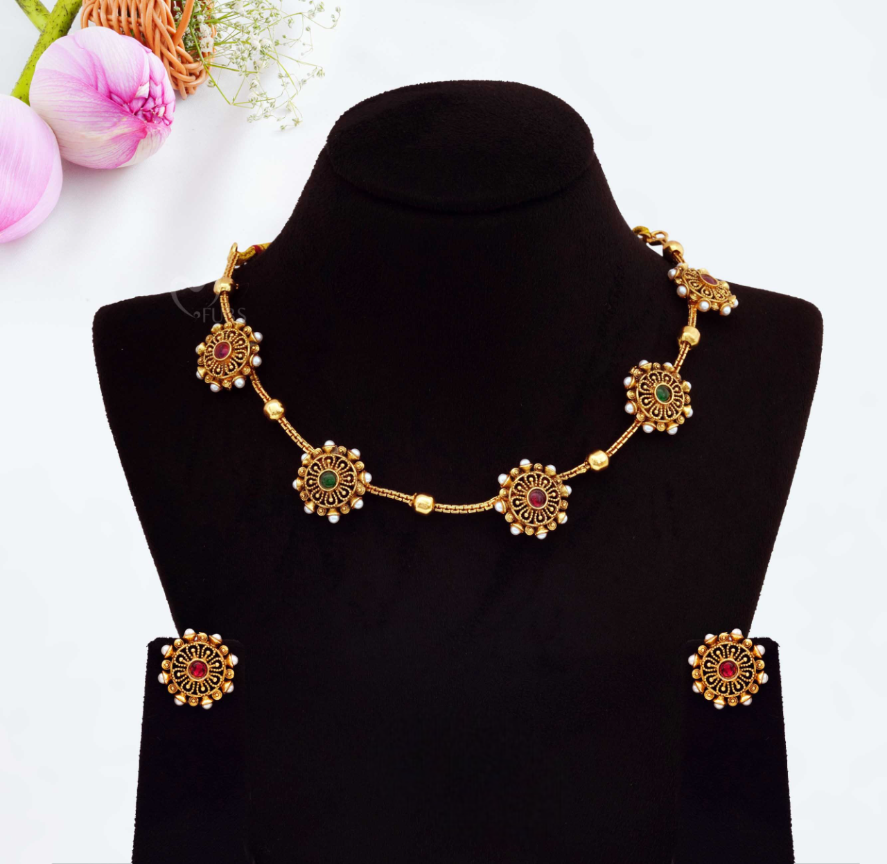Close-up view of premium artificial Elegant Antique Gold Floral Station Necklace & Earring Set by Innovate Art Impex.