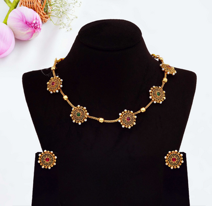 Close-up view of premium artificial Elegant Antique Gold Floral Station Necklace & Earring Set by Innovate Art Impex.