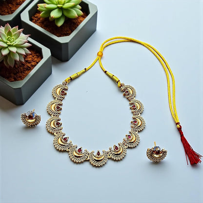 Close-up view of premium artificial Traditional Maharashtrian Chandrakor Rubu Red Stone Necklace Set   Gold Plated by Innovate Art Impex.