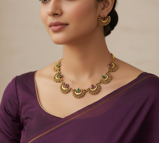 Close-up view of premium artificial Traditional Maharashtrian Chandrakor Green & Maroon Stone Necklace Set   Gold Plated by Innovate Art Impex.