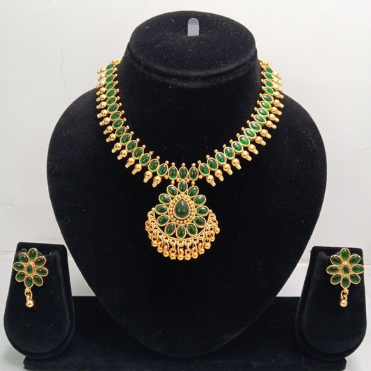 Close-up view of premium artificial Gold Plated Green Stone Traditional Necklace Set with Matching Earrings for Women by Innovate Art Impex.