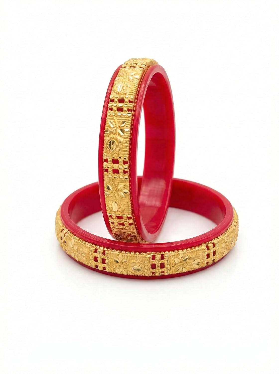 Close-up view of premium artificial Red Bridal Gold Plated Bangles Set for Women | Traditional Wedding Chooda Bangles | Ethnic Festival Wear Kada Set by Innovate Art Impex.