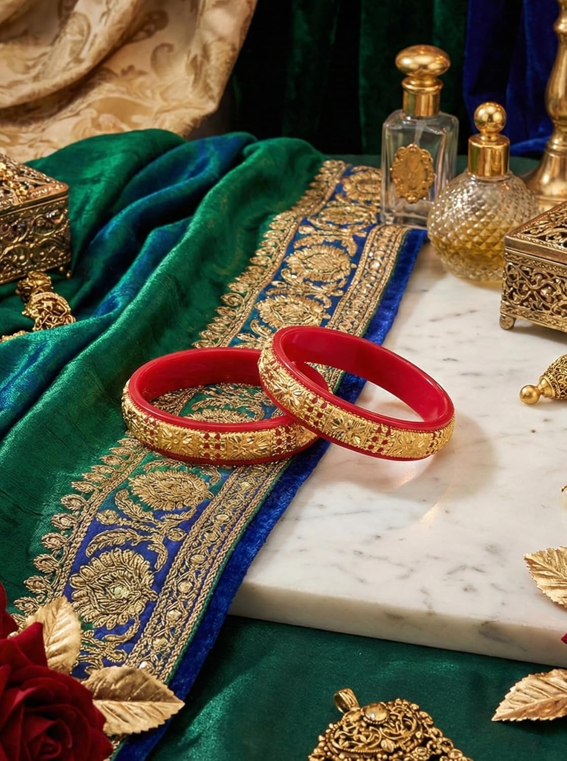 Close-up view of premium artificial Red Bridal Gold Plated Bangles Set for Women | Traditional Wedding Chooda Bangles | Ethnic Festival Wear Kada Set by Innovate Art Impex.