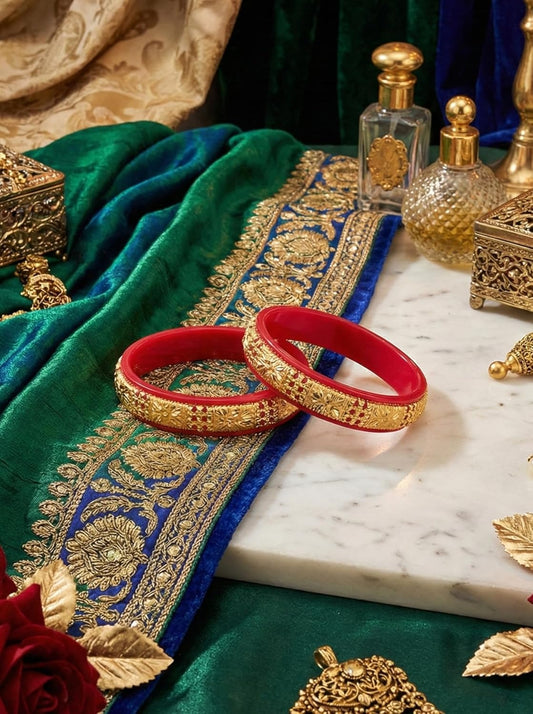 Close-up view of premium artificial Red Bridal Gold Plated Bangles Set for Women | Traditional Wedding Chooda Bangles | Ethnic Festival Wear Kada Set by Innovate Art Impex.