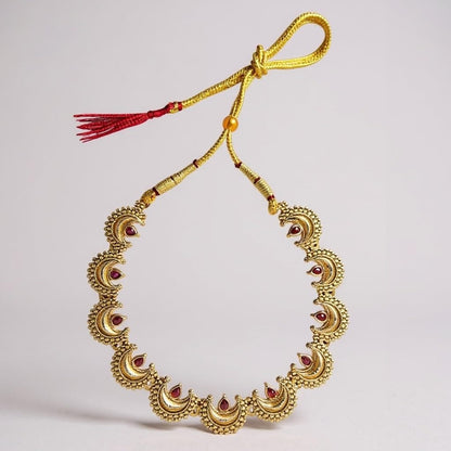 Close-up view of premium artificial Traditional Maharashtrian Chandrakor Rubu Red Stone Necklace Set   Gold Plated by Innovate Art Impex.