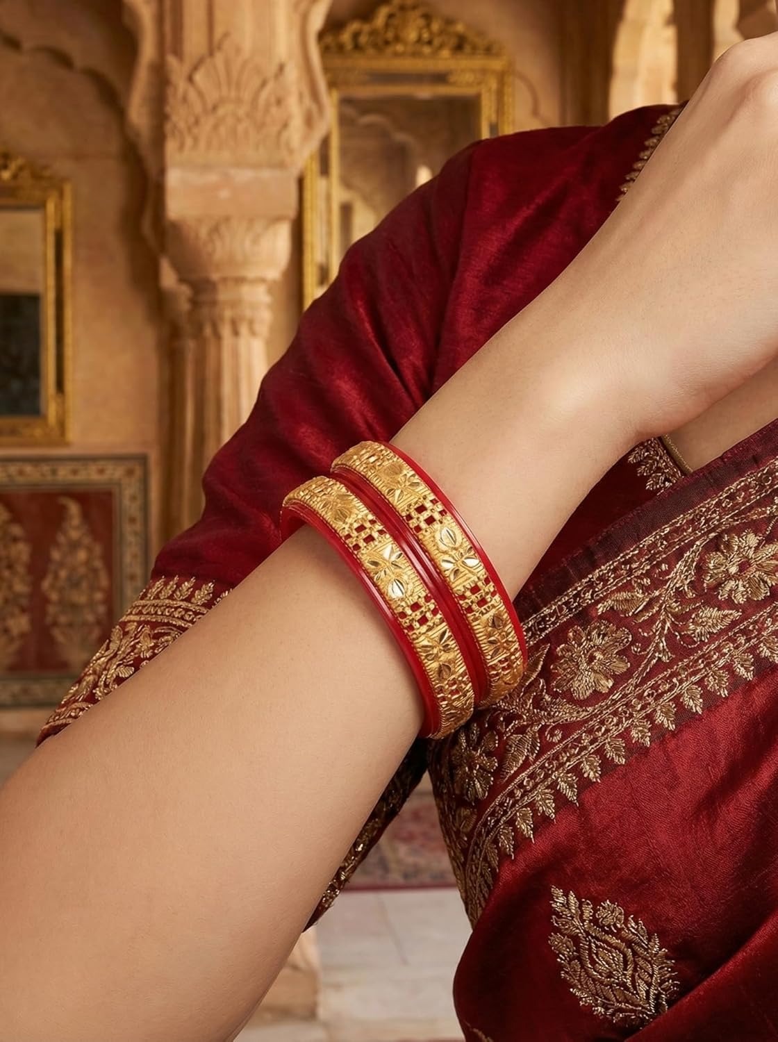 Close-up view of premium artificial Red Bridal Gold Plated Bangles Set for Women | Traditional Wedding Chooda Bangles | Ethnic Festival Wear Kada Set by Innovate Art Impex.