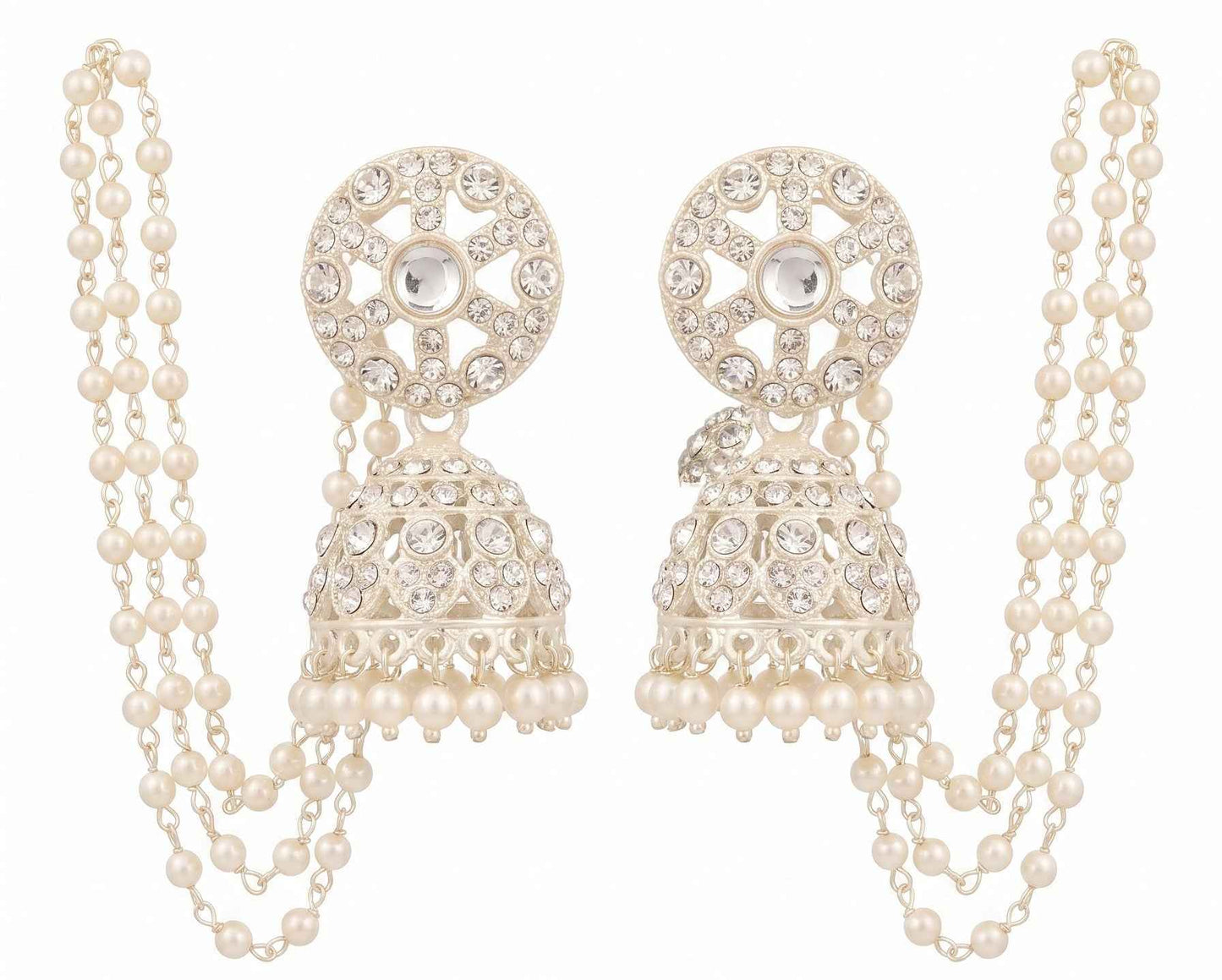 Traditional Artificial Pearl Jhumka Earrings with 3-Tier Ear Chain Sahara for Women | Kundan Style Clear Stone Bell Drop Jhumki with Hair Chain | Ethnic Bridal Wedding Jewellery